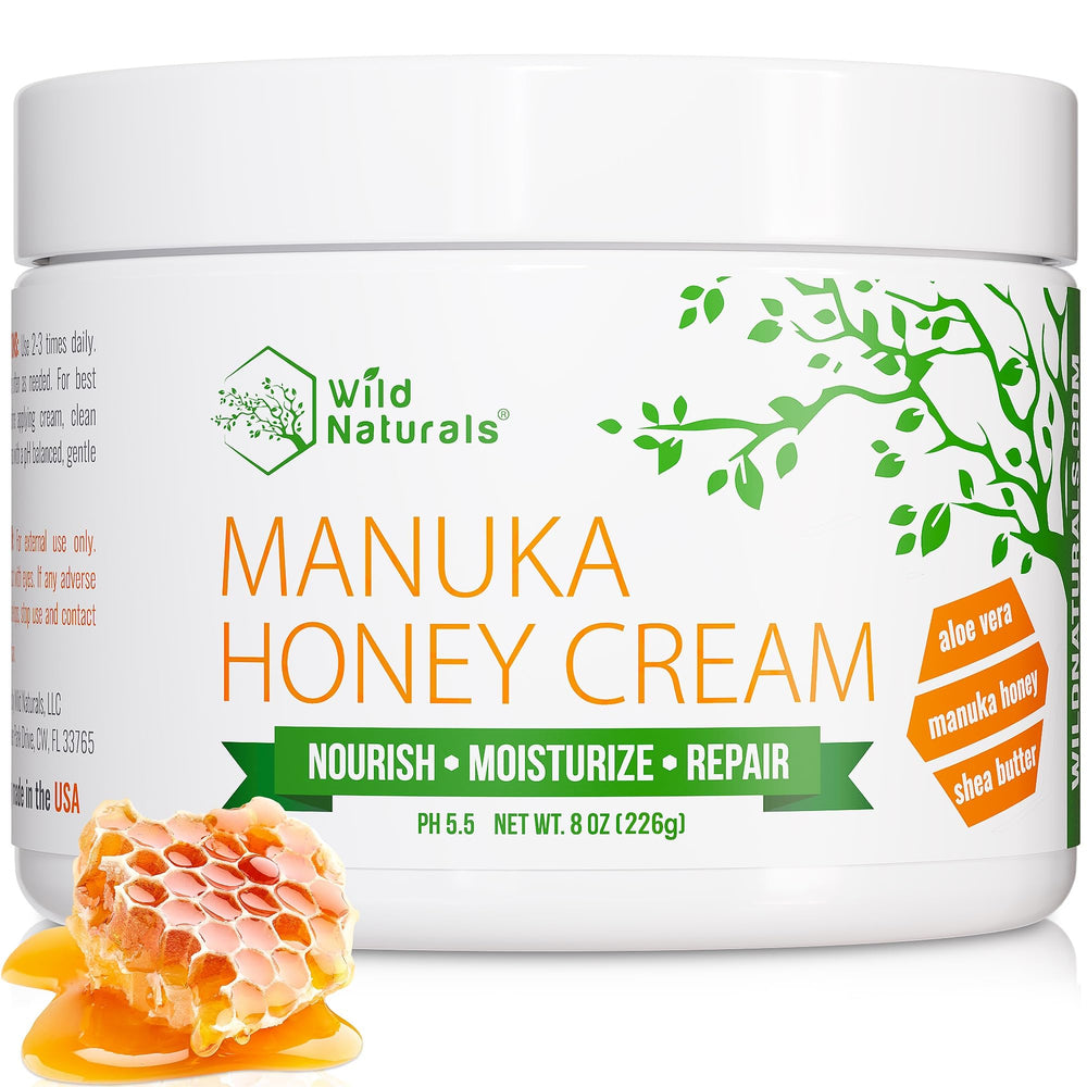 Wild Naturals Manuka Honey Crème Visage Bouteille offre une hydratation riche.