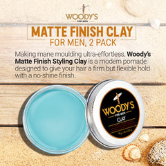 Woody's Argile Coiffante premium – mains appliquées, coiffage fluide et contrôle flexible.