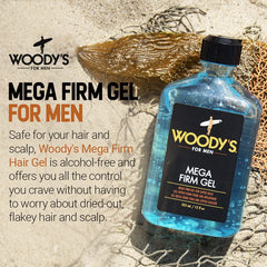 Texture lissante de Woody's Mega Firm Gel pour une coiffure nette sans résidus.