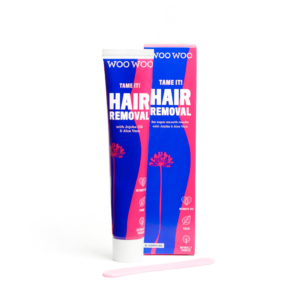 Woowoo Tame It! Crème dépilatoire intime en flacon, épilation en douceur au bain.
