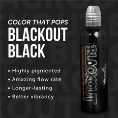 World Famous Blackout Ink : application sur peau avec noir profond et uniforme.