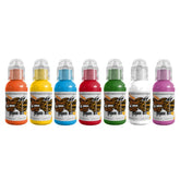World Famous Tattoo Ink – ensemble sept couleurs et bouteilles 0,5 oz, idéal pour voyages et conventions.