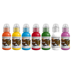 World Famous Tattoo Ink – ensemble sept couleurs et bouteilles 0,5 oz, idéal pour voyages et conventions.