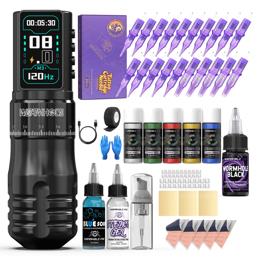 Gros plan sur le Wormhole Tattoo Gun Kit, ensemble professionnel pour artistes tatoueurs.