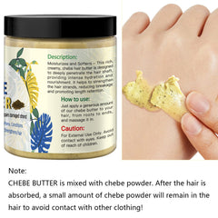 Application du beurre Chebe WOZUTUNT sur cheveux pour revitaliser les longueurs.