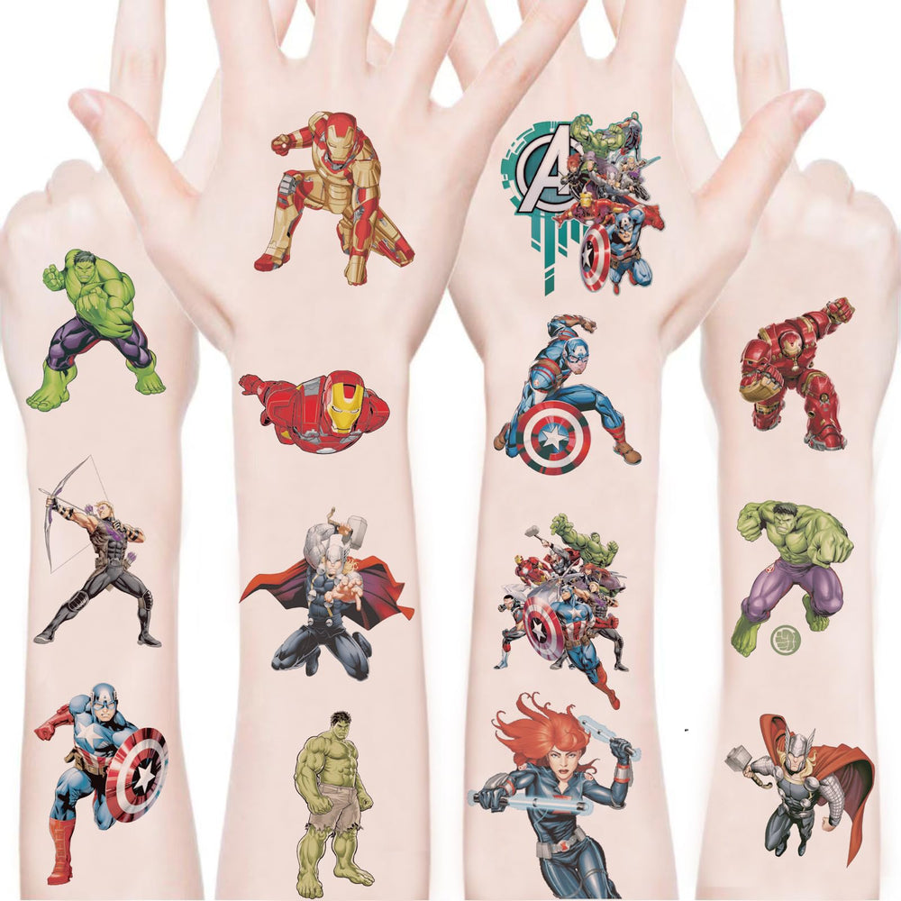 WYKDAG Avengers tatouages temporaires – 100 feuilles avec designs variés pour anniversaire.