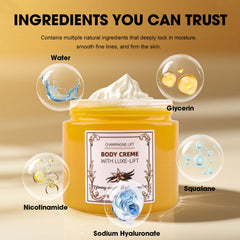 Xaninp Champagne Crème Corps – texture légère pour hydratation profonde sur les zones sèches.
