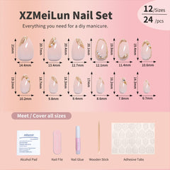 Ongles XZMeiLun bout français doré et perles 3D pour un style raffiné