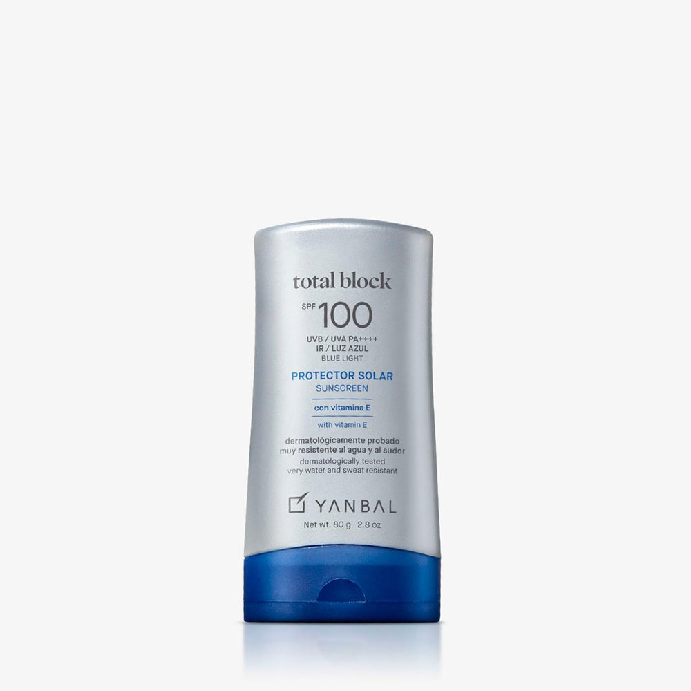 Yanbal Total Block Sunblock SPF100, bouteille bleue, protection contre le soleil et les UV