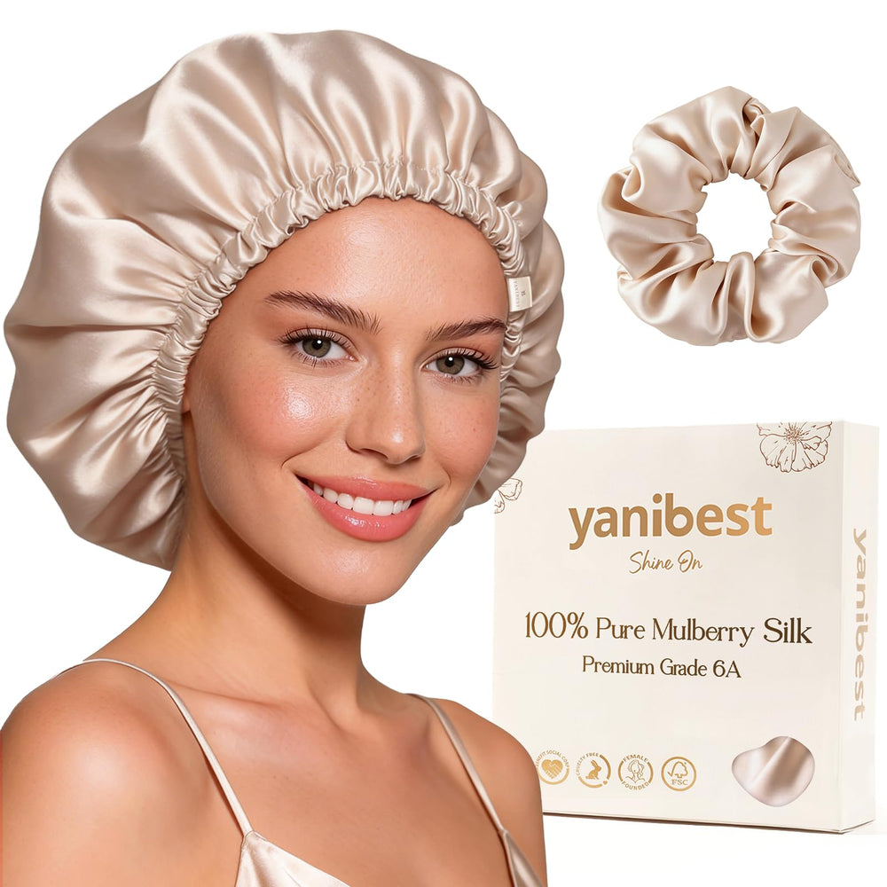 Bonnet YANIBEST en soie champagne, douceur nocturne et protection des cheveux.