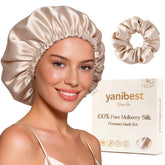 Bonnet YANIBEST en soie champagne, douceur nocturne et protection des cheveux.