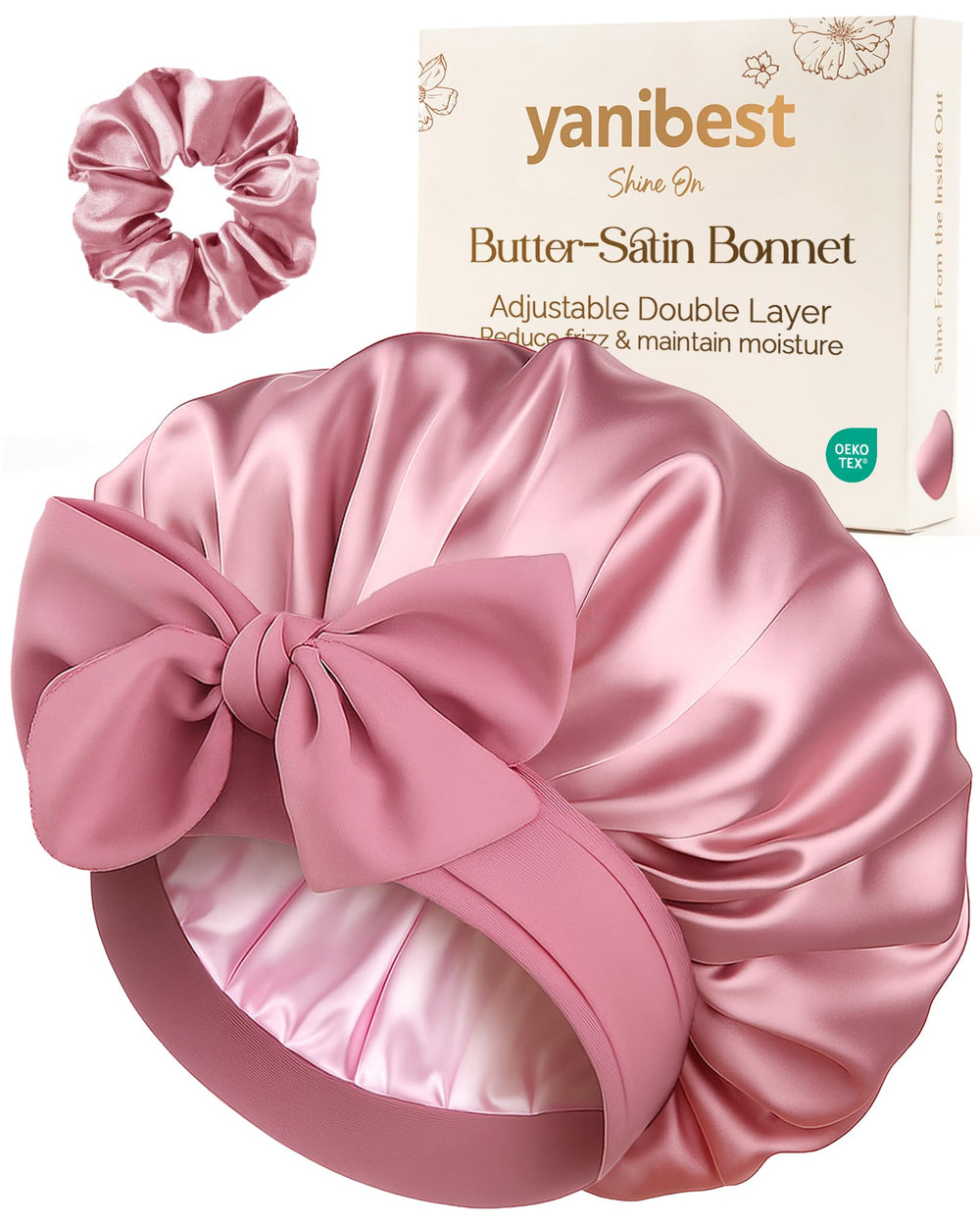 Yanibest bonnet satin double couche rose, emballage élégant, idéal comme cadeau soin des cheveux.
