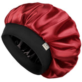Yanibest bonnet satin double couche rouge porté pour protéger les cheveux pendant le sommeil