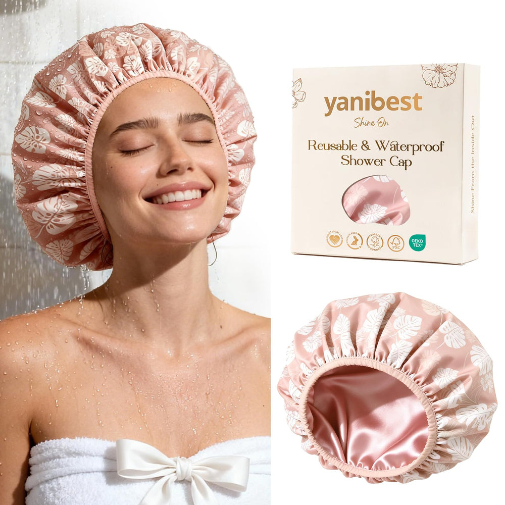 Yanibest cap-douche satin double couches imperméable, garde les cheveux au sec pendant la douche.