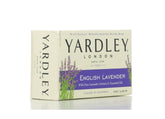 Yardley London moisturizing bar English Lavender with essential oils visible on a decorative bathroom shelf for daily hydration.