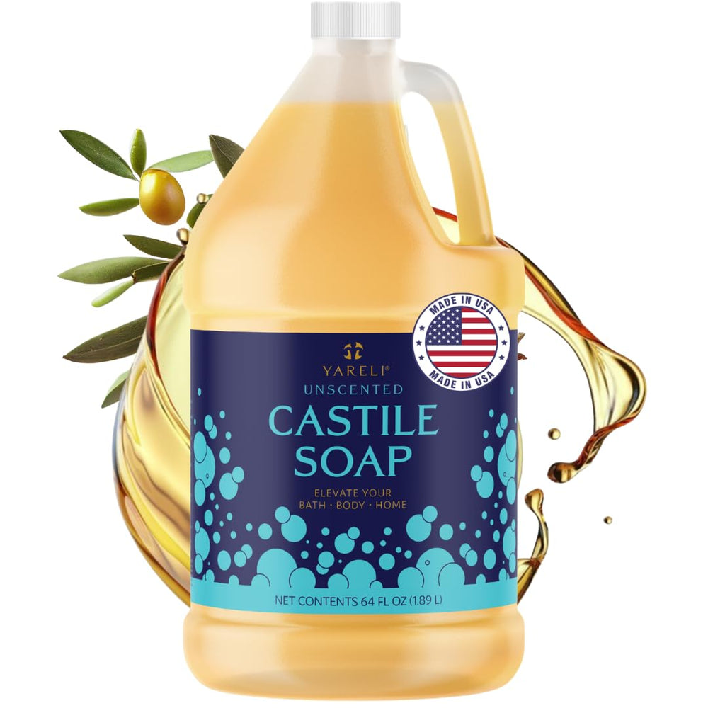 YARELI Savon Castille Pur – bouteille 64oz, usage douche et ménage en douceur.