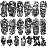 Tatouages temporaires Yazhiji pirates, 77 motifs variés, parfait pour cosplay et fêtes nautiques.