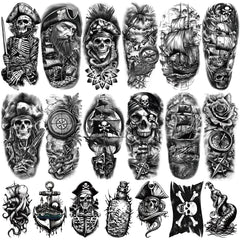 Tatouages temporaires Yazhiji pirates, 77 motifs variés, parfait pour cosplay et fêtes nautiques.