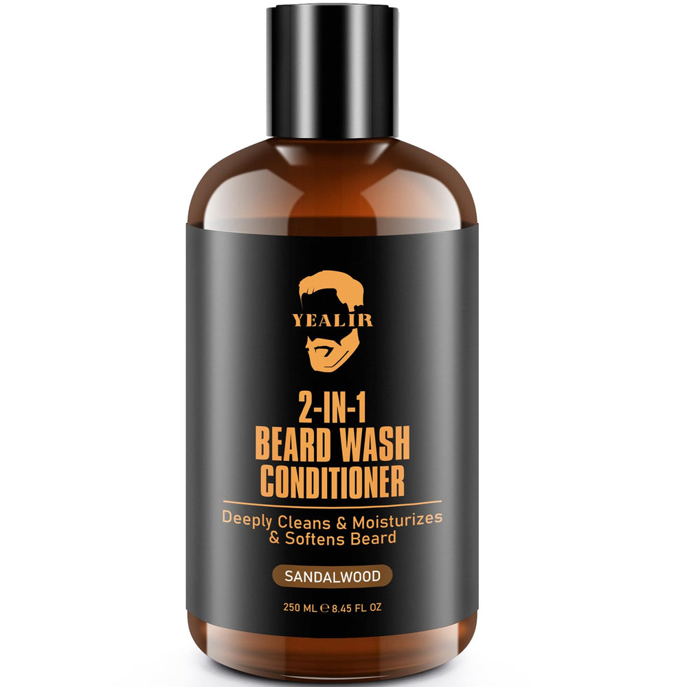 YEALIR 2-en-1 barbe: bouteille et soin, parfum santal pour une fraîcheur durable.