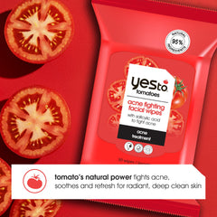 Lingettes Yes To Tomatoes adaptées aux peaux sujettes à l'acné, faciles à emporter.