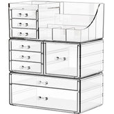 Organisateur maquillage transparent Yieach sur coiffeuse, vue d’ensemble claire et pratique.