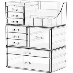 Organisateur maquillage transparent Yieach sur coiffeuse, vue d’ensemble claire et pratique.
