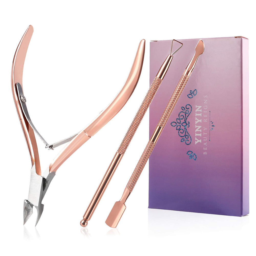 Yinyin Cuticle Trimmer Rosegold dans sa boîte, outil pratique pour manucure à domicile.