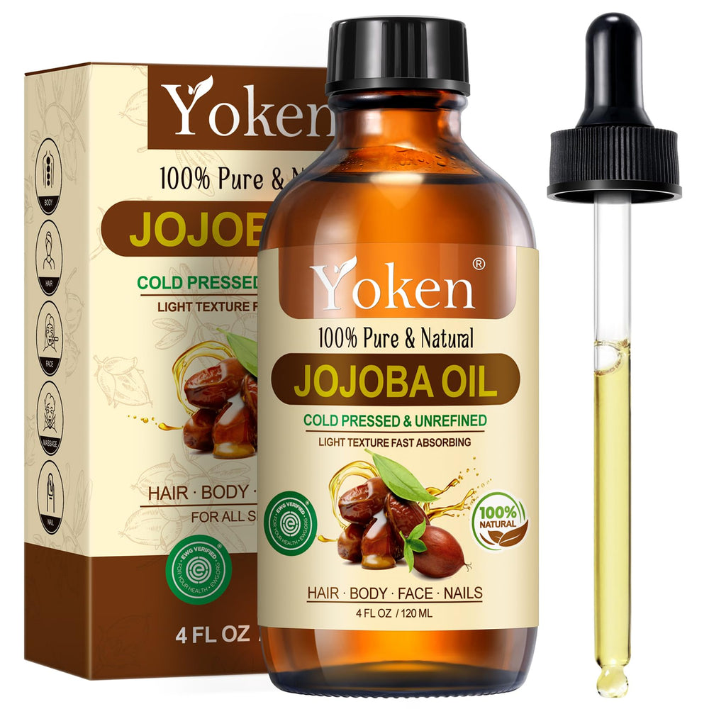 Huile de jojoba Yoken – flacon compte-gouttes pour visage et cheveux, hydratation naturelle