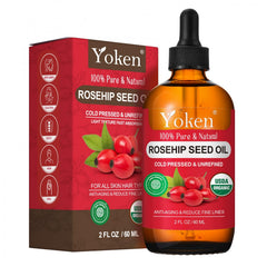 Huile Yoken rose musquée pour visage, flacon élégant et absorption rapide.