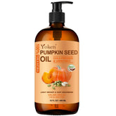 Yoken pumpkin seed oil bottle closeup for nourishing hair and skin hydration.