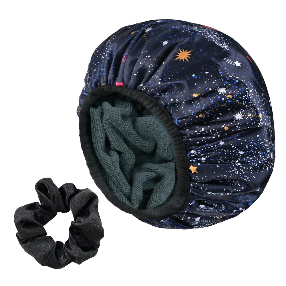 Yonchic bonnet de douche satin bleu marine astral garde les cheveux au sec.
