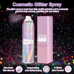 Spray pailleté YOSCA pour cheveux, application rapide et glamour.