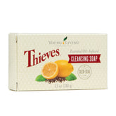 Young Living Thieves cleansing soap label highlights premium essential oil blend for daily cleansing.
