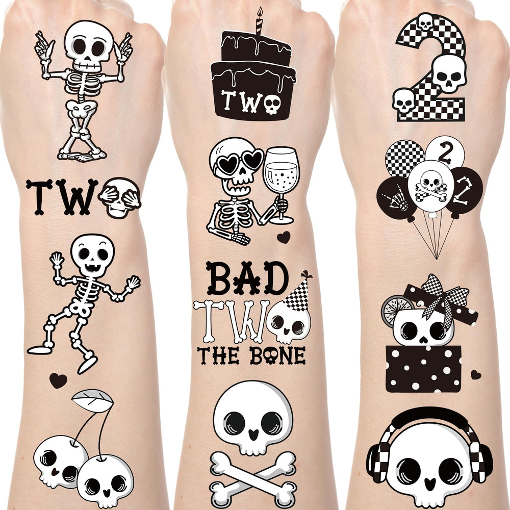 Tatouages temporaires Yoyuspy Bad Two the Bone, squelette noir et blanc, idéal fête.
