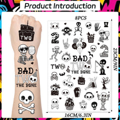 Tatouages Yoyuspy temporaires, dessins cartoon squelette, parfait pour anniversaire 2e.