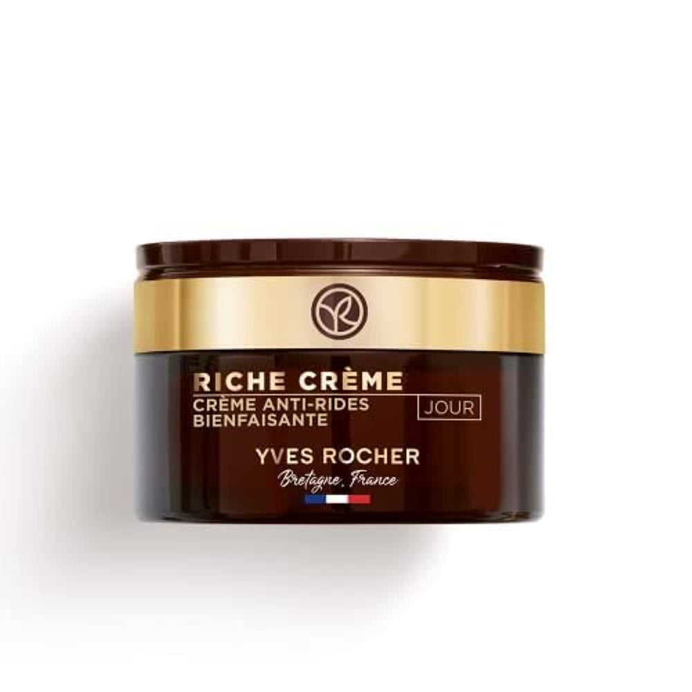 Yves Rocher Crème anti-rides riche jour en bouteille, douceur durable.