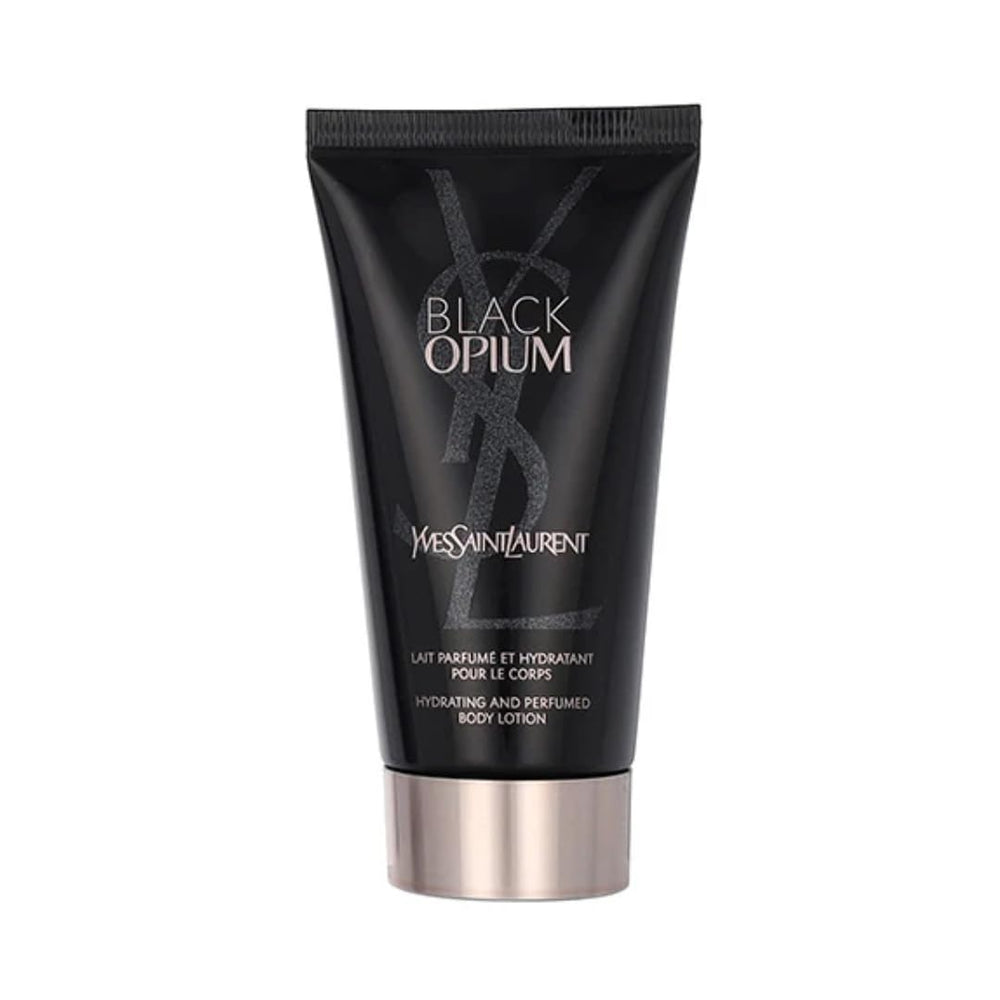 Flacon YSL Black Opium : fluide hydratant scintillant pour le corps, hydratation légère et éclat subtil.