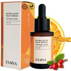 Bouteille ZAAINA Extra Glow Serum avec étiquette élégante pour hydratation légère et éclat naturel.
