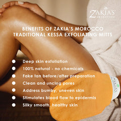 Exfoliation naturelle avec le gant Kessa Zakia's Morocco pour peau plus lisse.