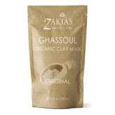 Zakia's Morocco Ghassoul mask packaging shown for long-term storage.
