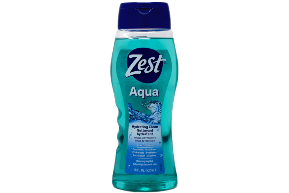 Zest Aqua : bouteille pompe pratique pour une dose précise lors de la douche.