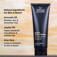 ZEUS Après-shampoing barbe – ingrédients aloé vera et huile avocat pour hydrater.
