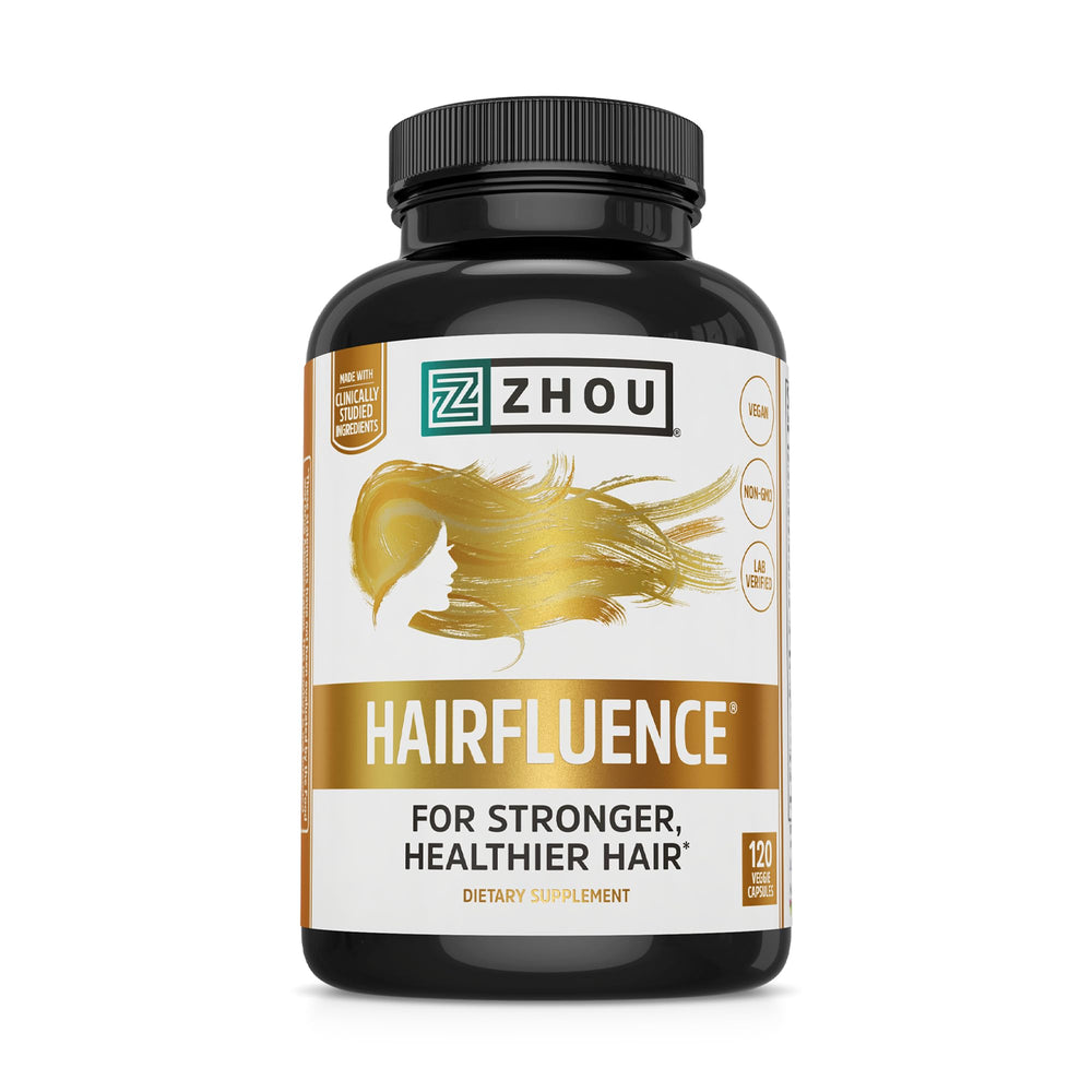 Zhou Hairfluence : bouteille de compléments biotine pour soutenir la croissance des cheveux.