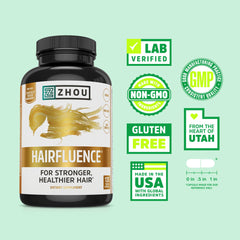 Zhou Hairfluence : ingrédients clés et vitamines B pour cheveux et peau.