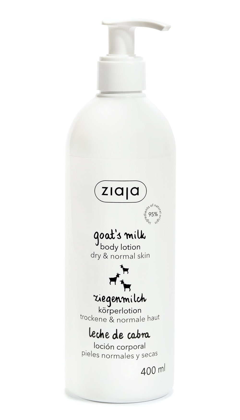 Lait de chèvre Ziaja, bouteille du soin hydratant pour la peau.