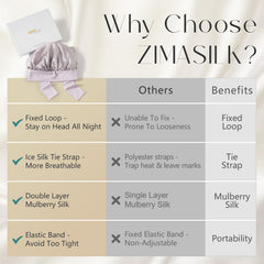 ZIMASILK bonnet Mulberry – liens longs apportant maintien agréable toute la nuit.