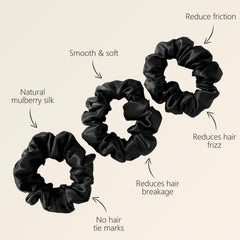 ZIMASILK scrunchie ensemble trois noir – démonstration en queue-de-cheval.