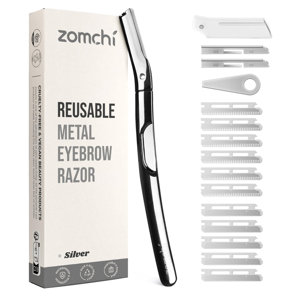 Rasoir ZOMCHI pour sourcils avec manche métallique, prise en main sûre et précise.