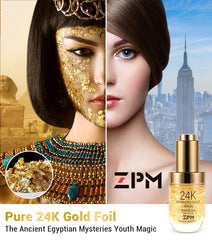 ZPM 24K Gold Serum foil detail highlights radiant activation and antioxidant support.