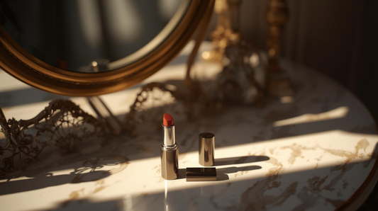 Comparaison gloss brillant et rouge à lèvres mat sur coiffeuse élégante